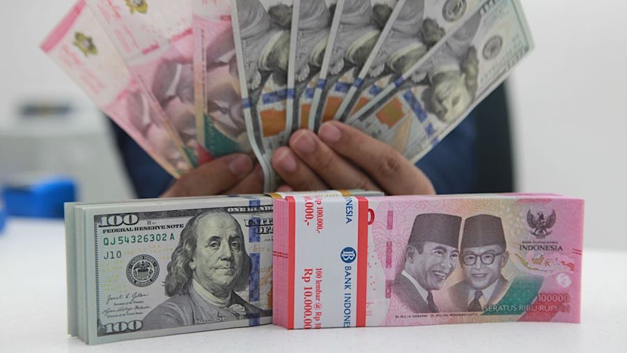 Karyawan merapihkan uang Rupiah dan Dolar AS
